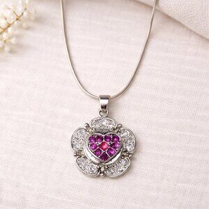 Silver Rhinestone Flower Interchangeable Snap Charm Necklace Purple